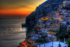 boats, coast, glow, home, Italy, lights, mountains, Positano