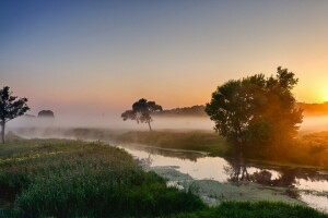 mist, landschap, ochtend-, rivier-