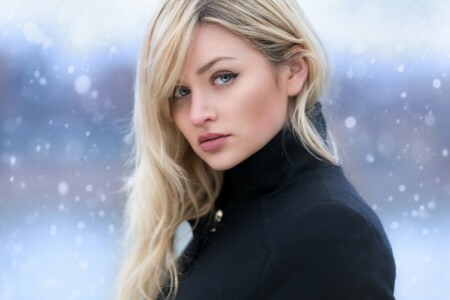 blond, flicka, se, snö, vinter-