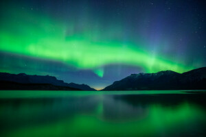 lac, oglindă, munţi, Auroră boreală, reflecţie, stele, cerul