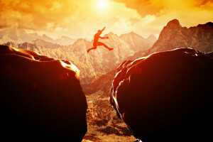 Adventure, jump, rocks, sunset