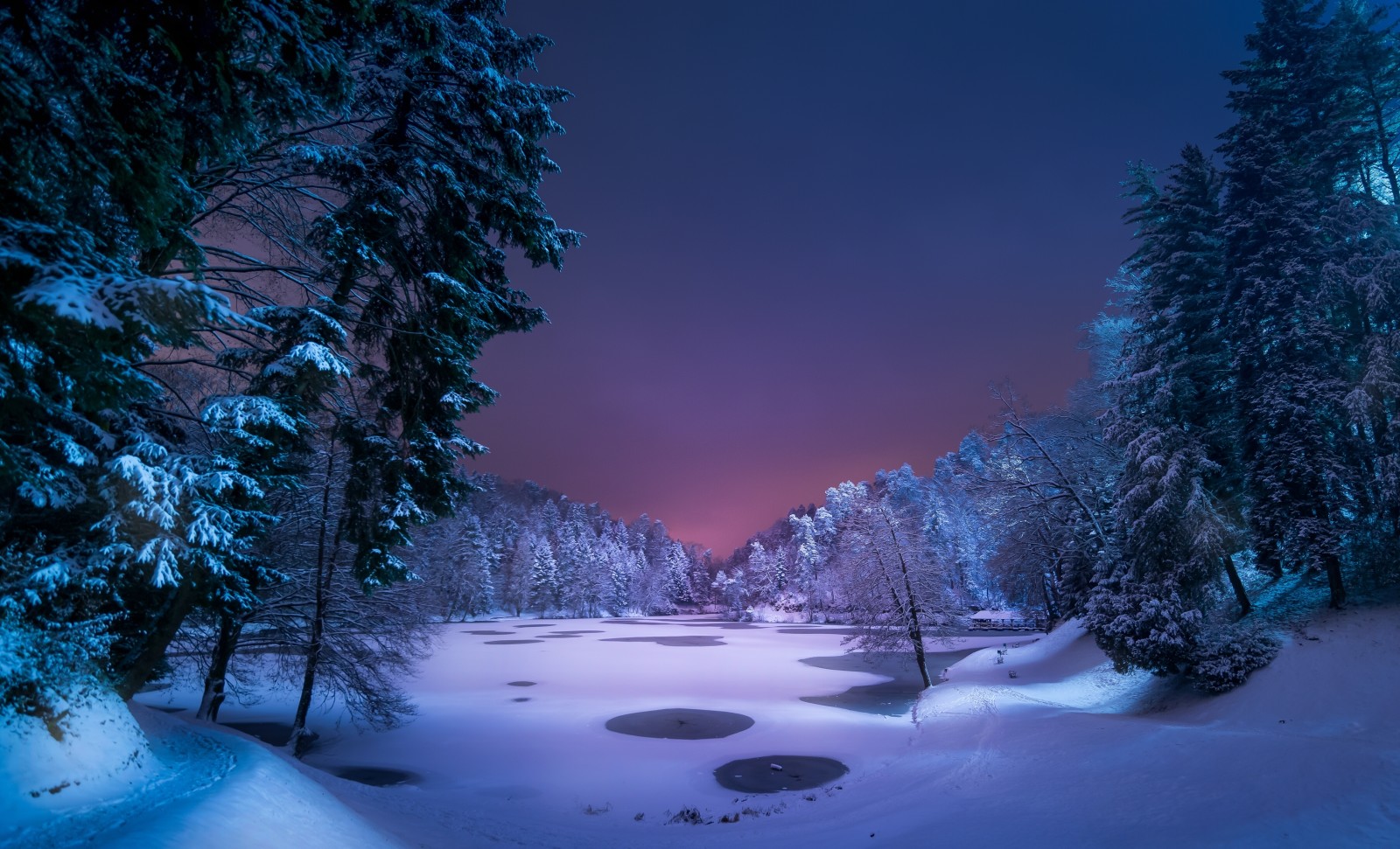 Schnee, Wald, See, Winter, Nacht