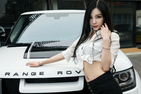 asiatisk, jenter, Land Rover, se, posering, hvit bil