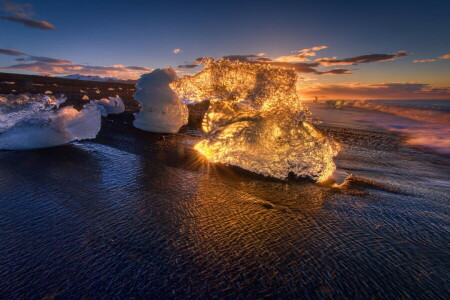 strand, gryning, is, ljus, Havet