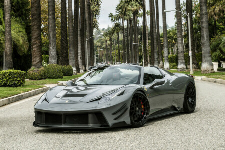 458, ferrari, palm trees, street, supercar