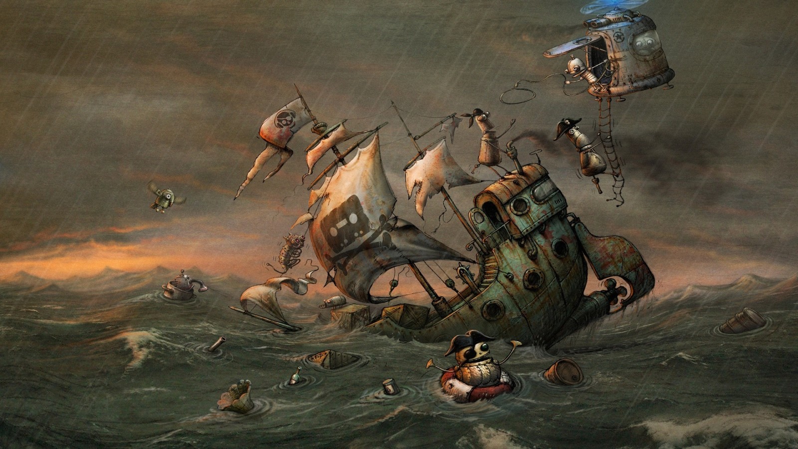 zee, kunst, schip, robot, helikopter, storm, Pirates