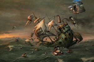 art, helicopter, Pirates, robot, sea, ship, storm