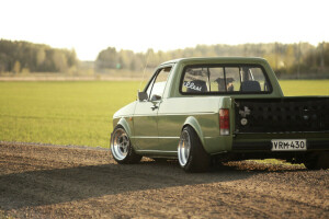 back, Caddy, road, shadow, the countryside, the sun, Volkswagen, wheel