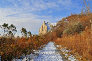 herfst, weg, rots, sneeuw, de lucht