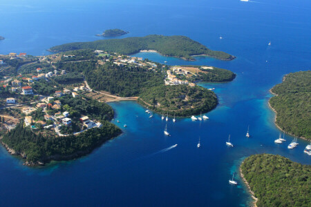 kust, Griekenland, Islands, panorama, zee, Sivota, jachten