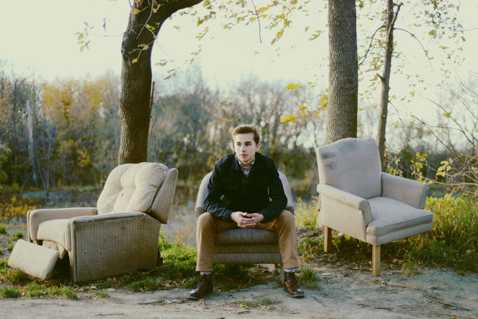 branches, trees, Man, leaves, eyes, sky, lips, jacket