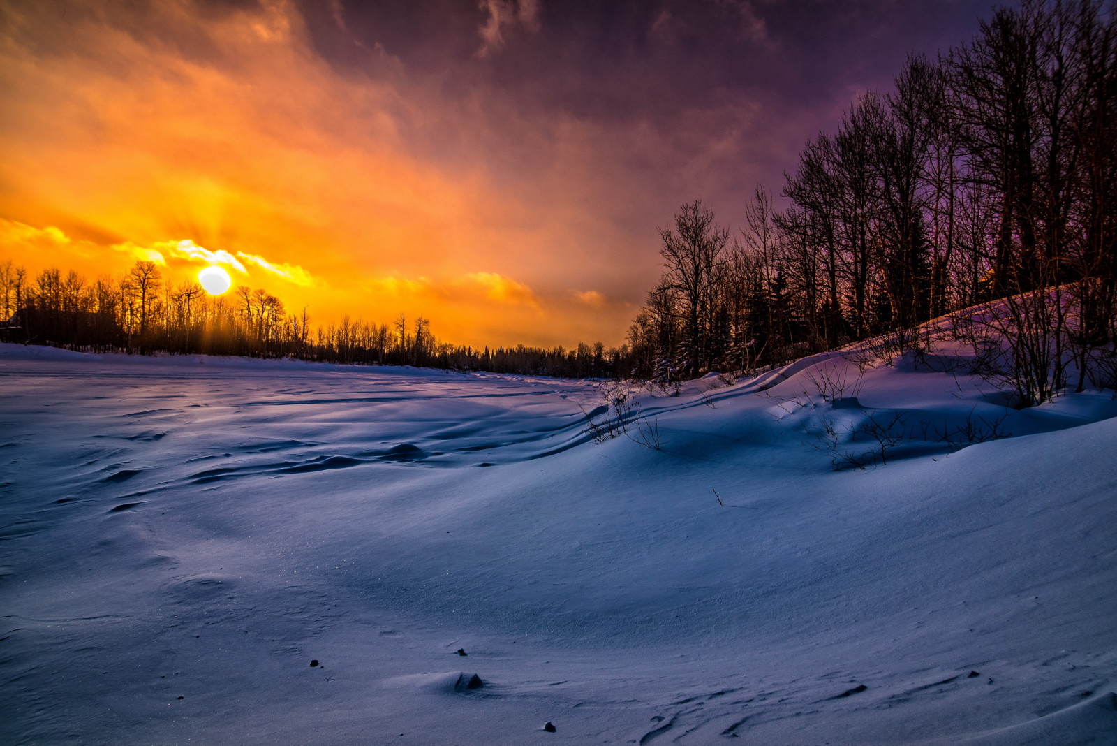 sneeuw, zonsondergang, winter