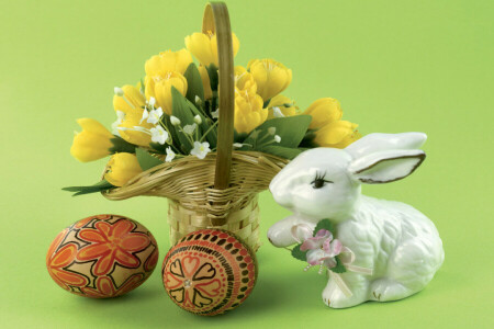 basket, Easter, eggs, flowers, Pysanka, rabbit, Sunday