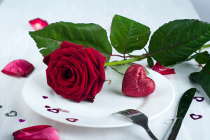 flor, corazón, corazones, pétalos, plato, Rosa, día de San Valentín