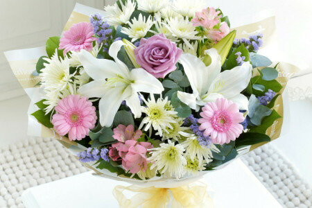 bouquet, Chrysanthemum, flowers, Gerbera, Lily, photo, roses