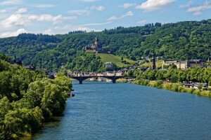 Bridge, castle, Cochem, Germany, home, Mountain, river, ships