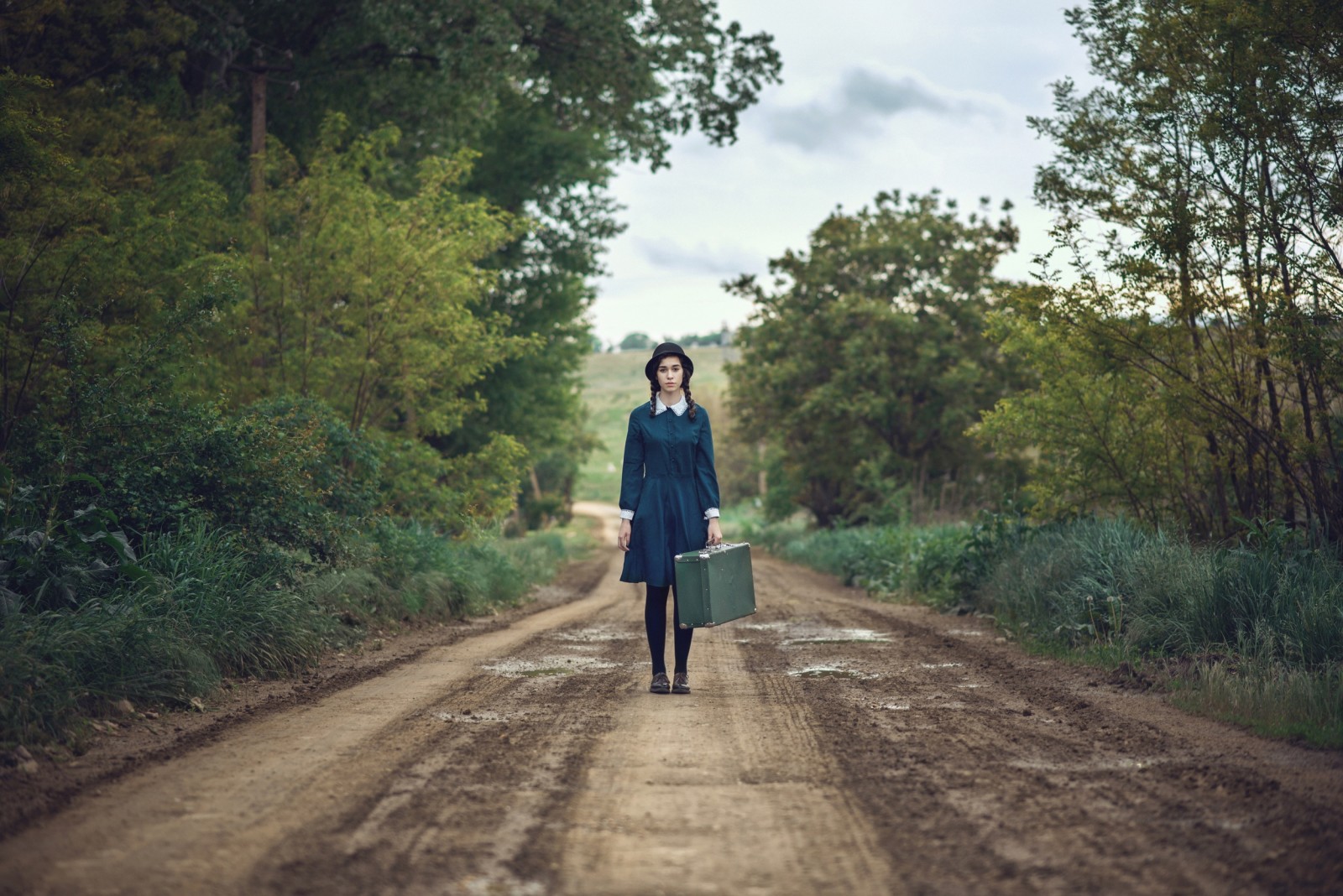 girl, braids, road, hat, dress, suitcase