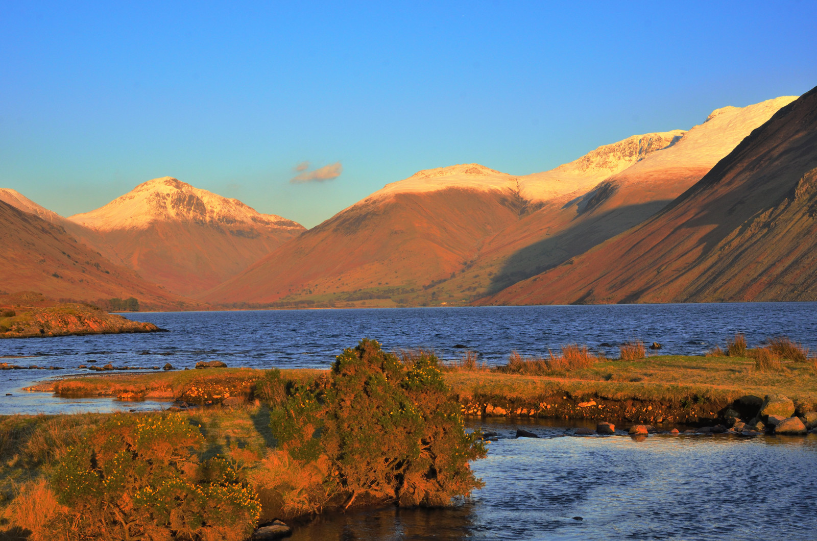 lago, pôr do sol, montanhas