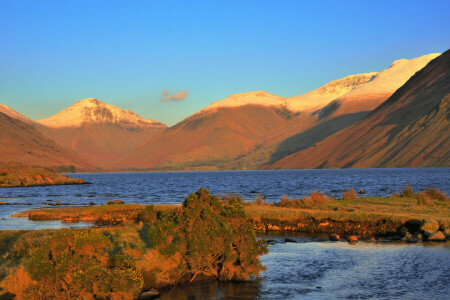 lake, mountains, sunset