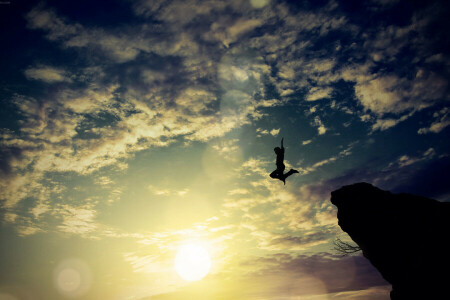 clouds, jump, people, rock, the sky