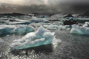 ice, mountains, sea, storm, sunlight