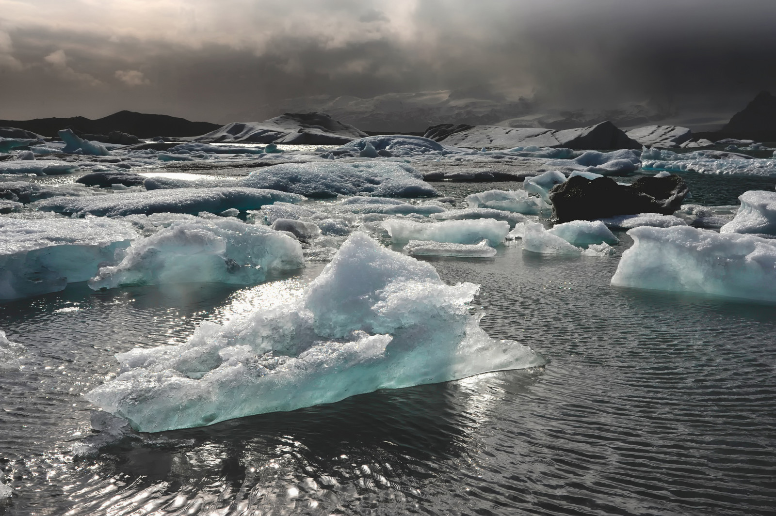 ice, sea, mountains, storm, sunlight