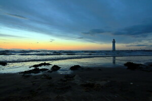 landscape, Lighthouse, sea, sunset