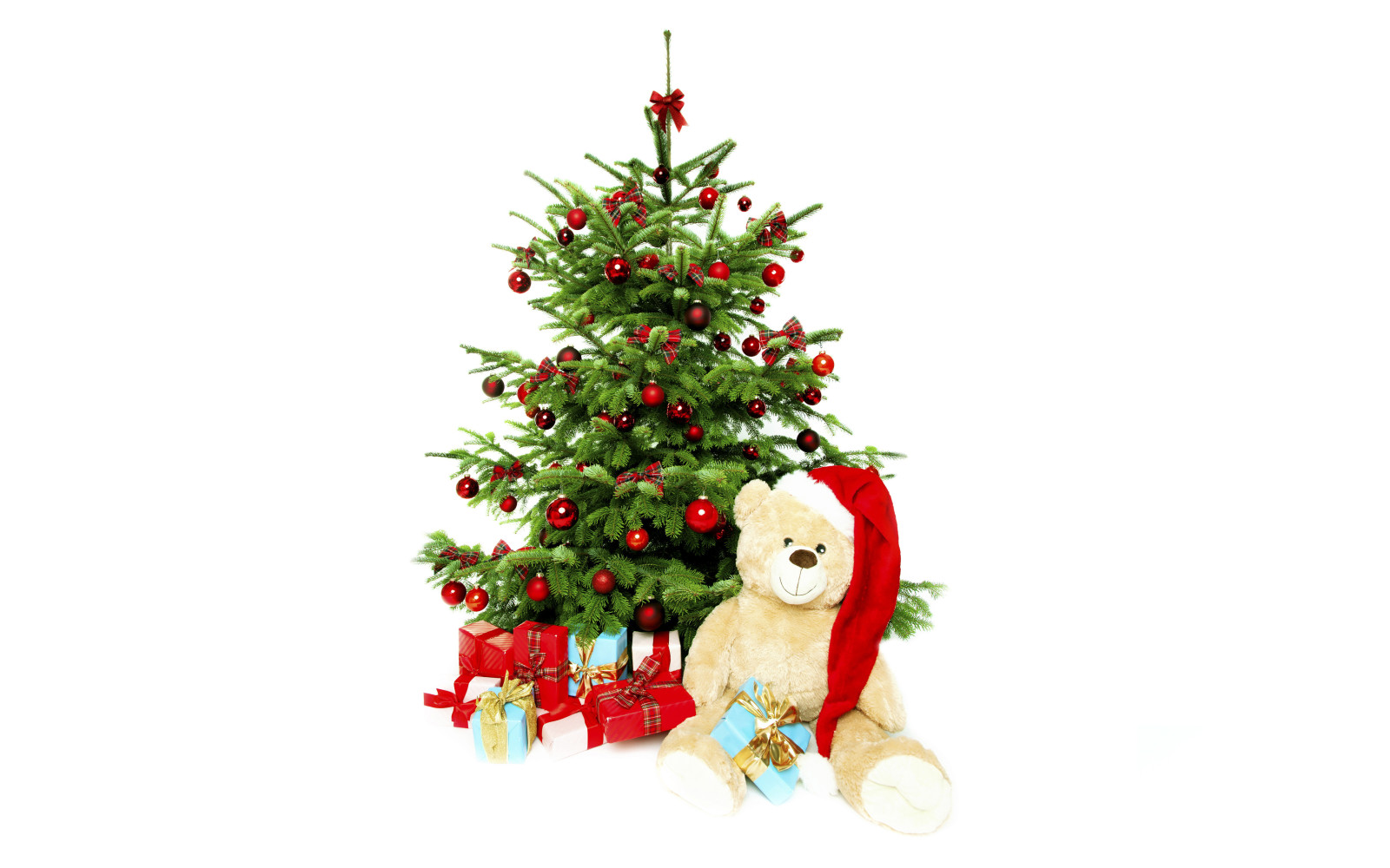 balls, tree, New Year, holiday, red, bear, gifts, hat