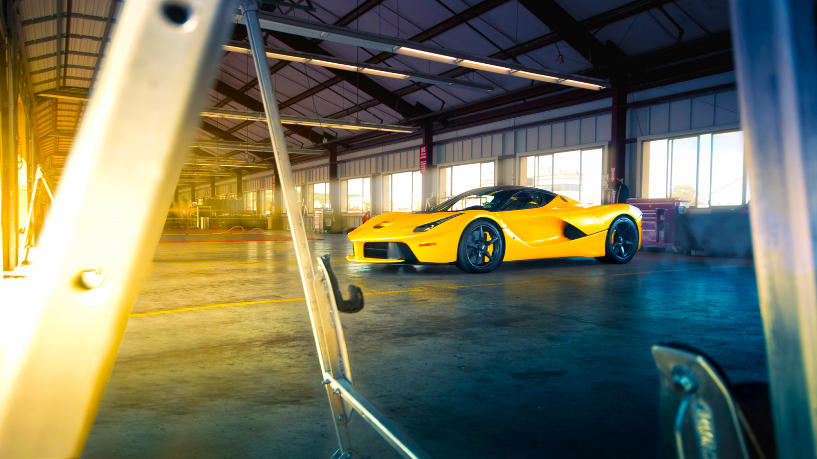 supercar, yellow, ferrari, sun, Front, LaFerrari, beam, Angar