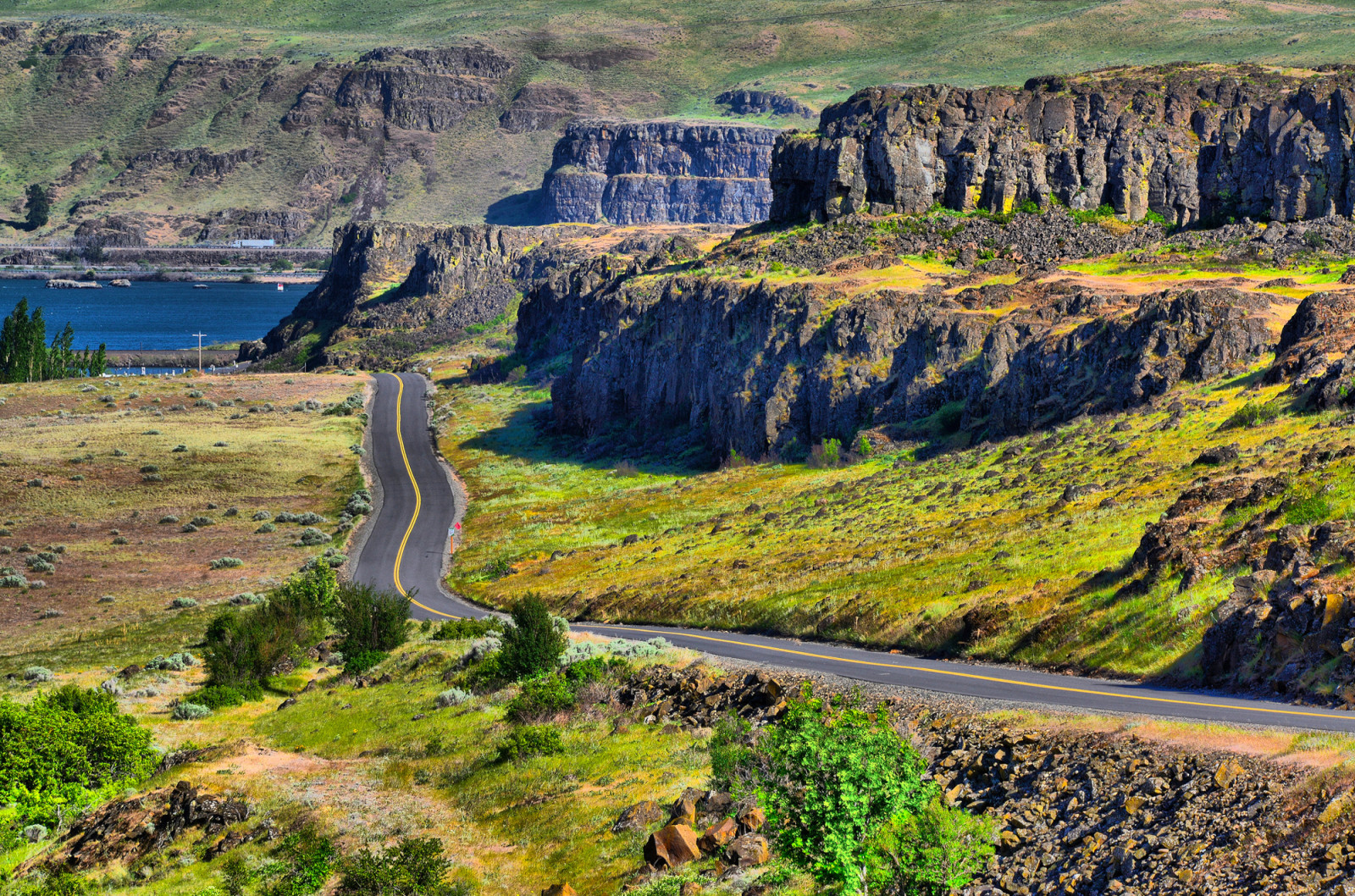 lake, road, mountains, rocks