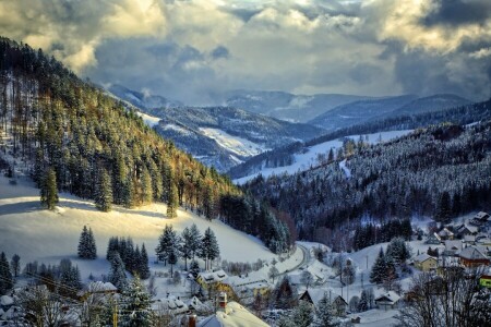 Alemania, montañas, Muggenbrunn, naturaleza, Pendiente, nieve, arboles, invierno