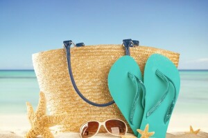 accessories, bag, beach, glasses, sand, sea, slates, starfish