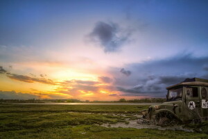 field, Machine, sunset