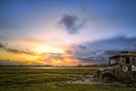 campo, Máquina, puesta de sol