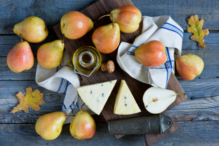 autumn, Board, cheese, fruit, leaves, oil, pear, Still life