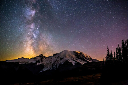 floresta, panorama, montanhas, Rainier National Park, neve, estrelas, a via Láctea, inverno