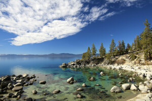 mraky, Lake Tahoe, kamene, obloha, stromy