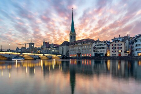 4k fond ultra hd, architecture, Pont, bâtiments, chapelle, Église, ville, crépuscule