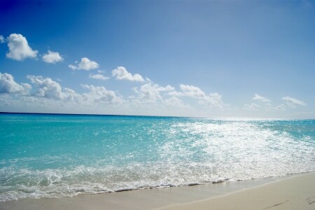 blue water, clouds, shore, The ocean