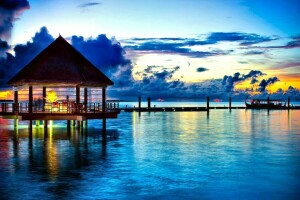 muelle, restaurante, la noche, El océano