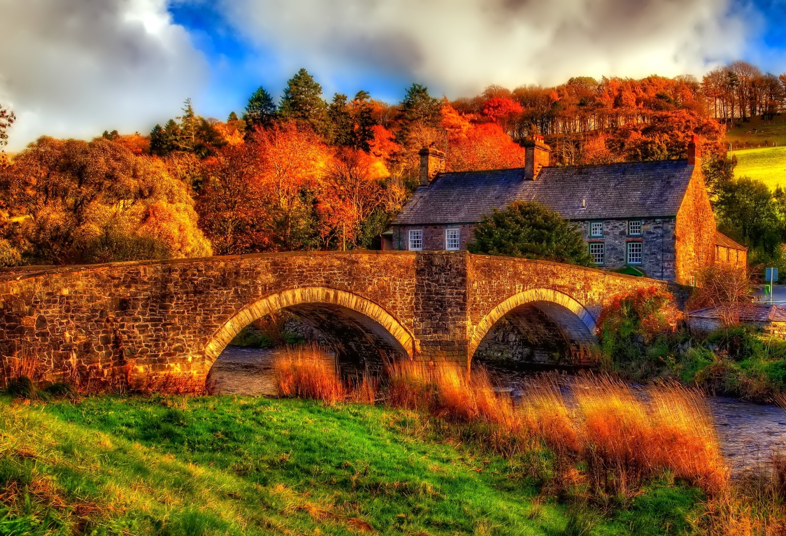 otoño, césped, el cielo, casa, río, arboles, Puente, Pendiente