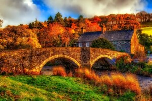 herfst, Brug, gras, huis, rivier-, helling, de lucht, bomen