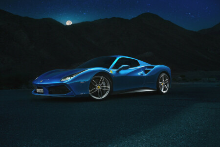 488, blauw, ferrari, Voorkant, Spin, supercar