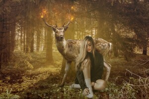 art, blonde, branches, closed eyes, deer, fantasy, feet, fire