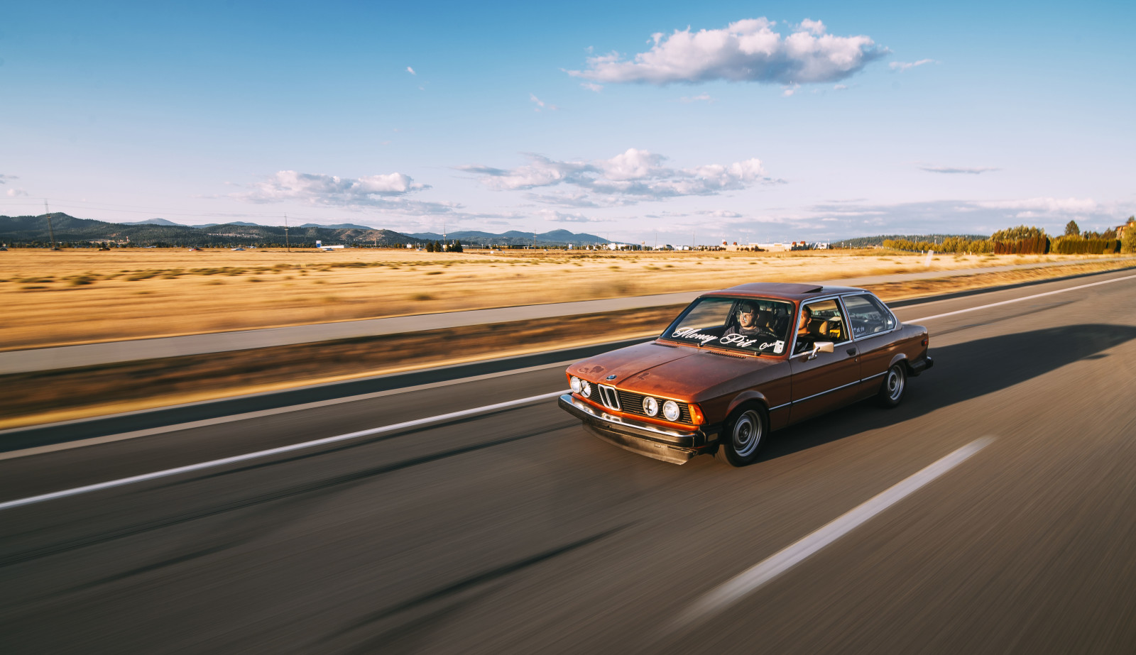 the sky, road, lights, field, clouds, shadow, BMW, speed