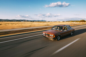 BMW, clouds, e21, field, horizon, lights, power lines, road