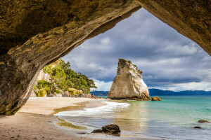 coast, New Zealand, rocks, sand, sea, stones