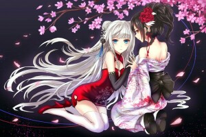 art, devildogs, girls, look, petals, Sakura, smile, surprise