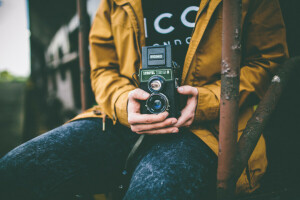 166B, bokeh, camera, city, hands, jacket, Lubitel, male