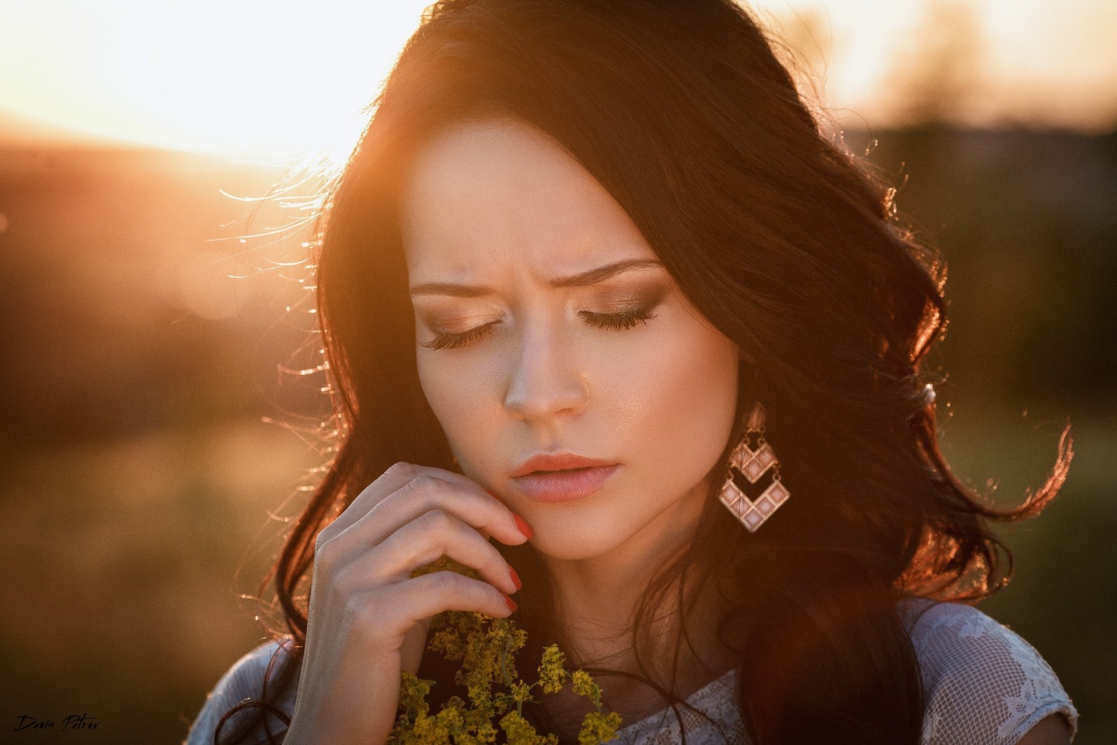 girl, BEAUTY, brunette, flower, earrings, sadness, Angelina Petrova